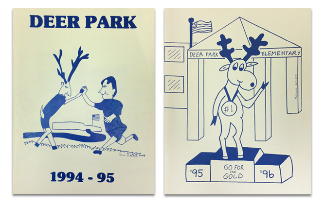 Photograph of the first two Deer Park Elementary School yearbooks from 1994-95, and 1995-96. The covers both feature student drawings of our mascot Bucky. On the 1994 cover, Bucky is high-fiving a student. On the 1995 cover, Bucky is standing in front of the new Deer Park School on a winner's platform wearing a medal that say number one, go for the gold. 